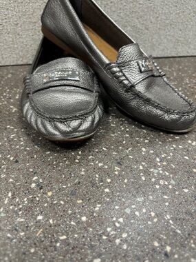 Coach Fredrica Metallic Pewter Leather Loafers with Silver Plaque